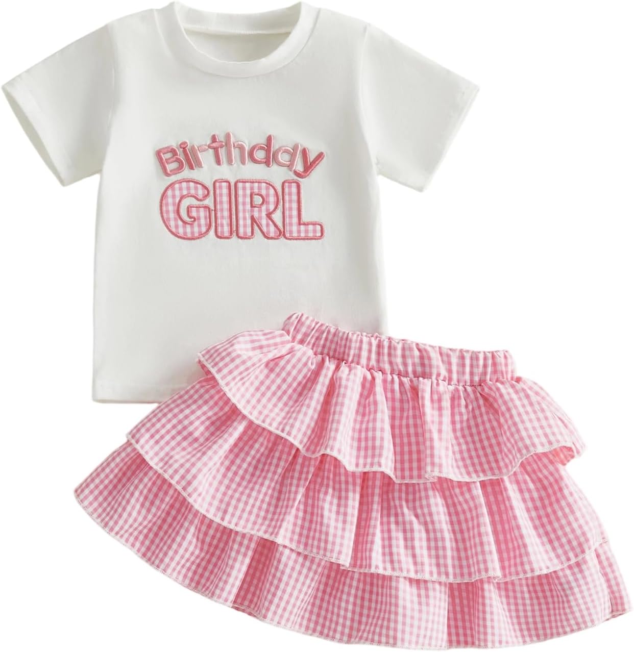 Birthday Girl Toddler Outfit Infant Baby Short Sleeve Letter Shirts and Ruffled Gingham Skirts Set 2Pcs Summer Clothes