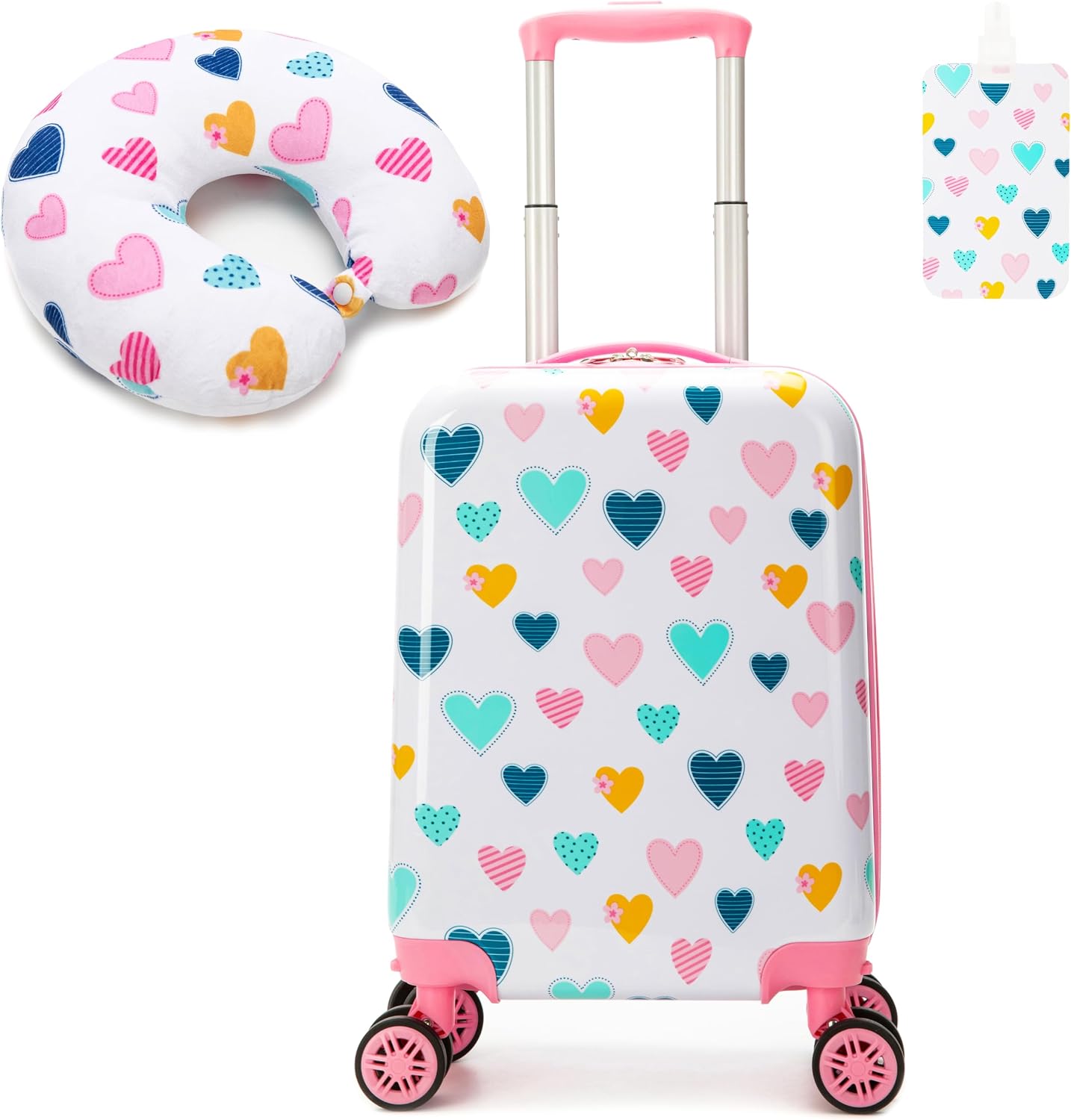Kid’s Luggage Set 2 Piece Suitcase Set Hardside Luggage with Spinner Wheels Girls Carry on Toddler Travel Rolling Suitcase with Neck Pillow Airline Approved