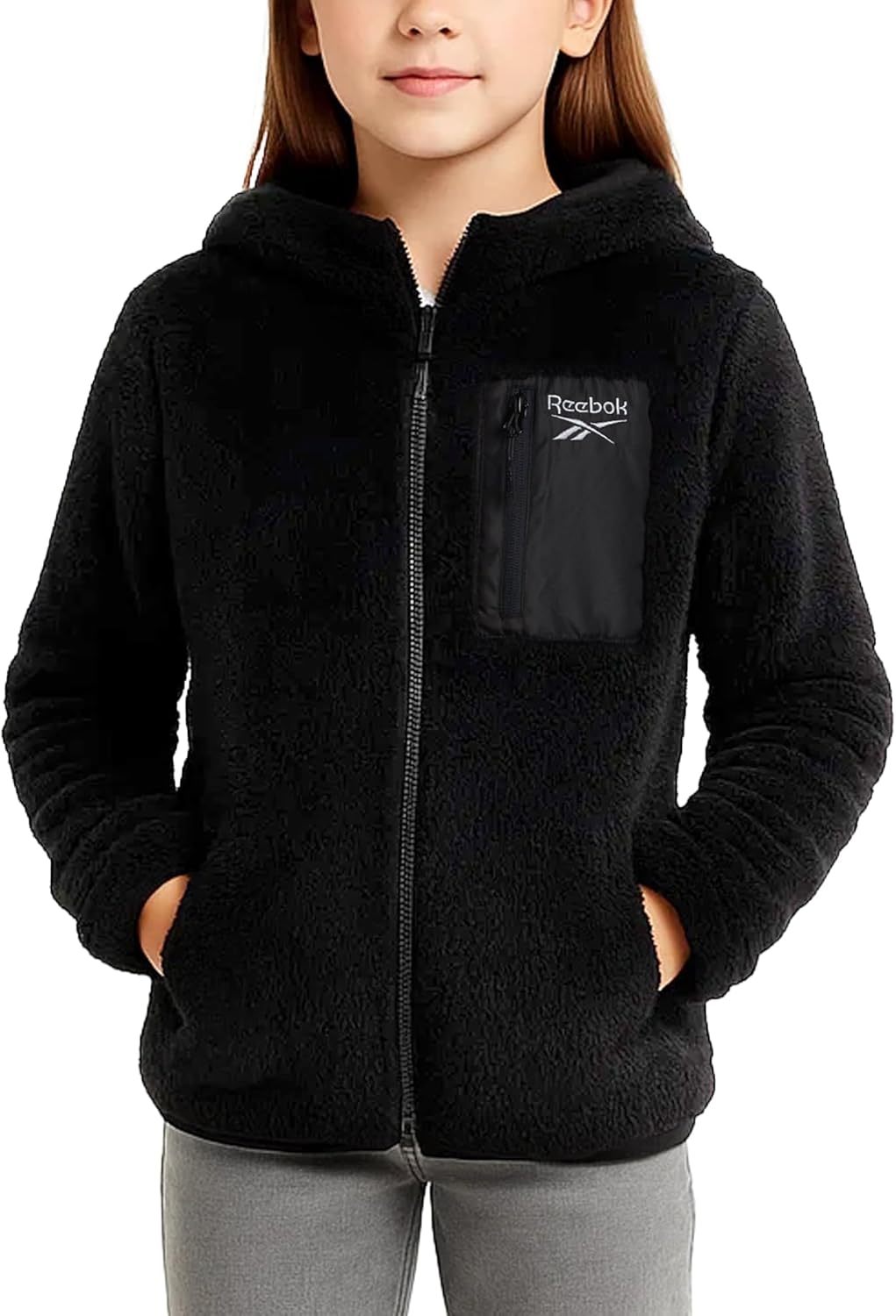 Reebok Girls Fleece Jacket – Soft Plush Sherpa Faux Fur Hooded Winter Jacket for Girls, Warm Lightweight Cozy Teddy Coat