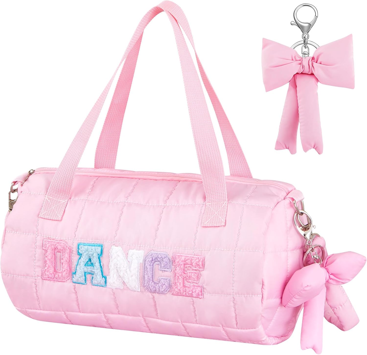 12.8 Inches Quilted Puffer Ballet Dance Bag Cute Tote Bag with Hanging Bow Pendant for Travel Dancing Dress