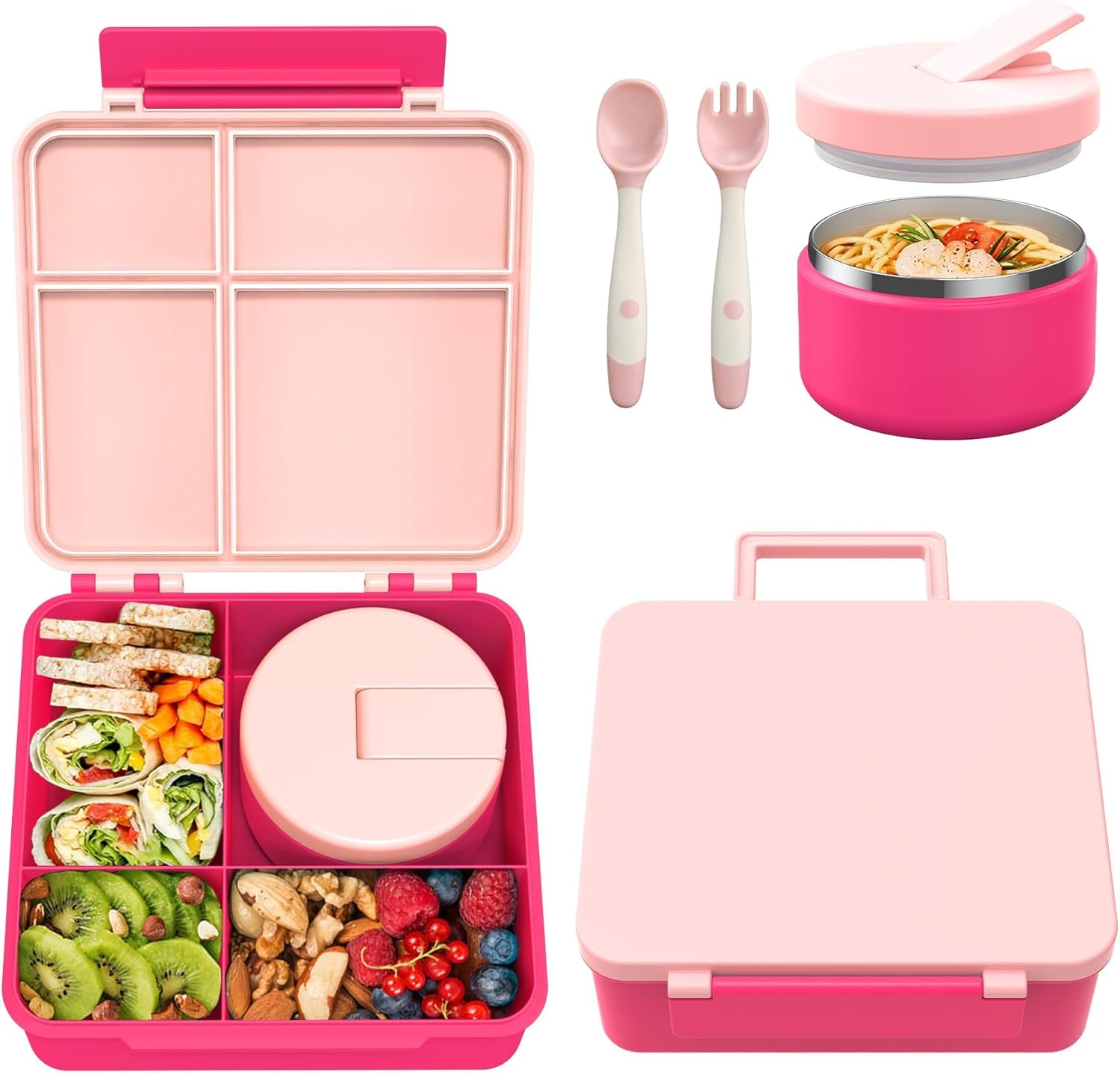 Pawtong Bento Lunch Box with 8oz Soup Thermo, Kids Leakproof Lunch Food Containers with 4 Compartment, Kids Thermo Insulated Hot Food Jar for School, Trvael – (Pink)