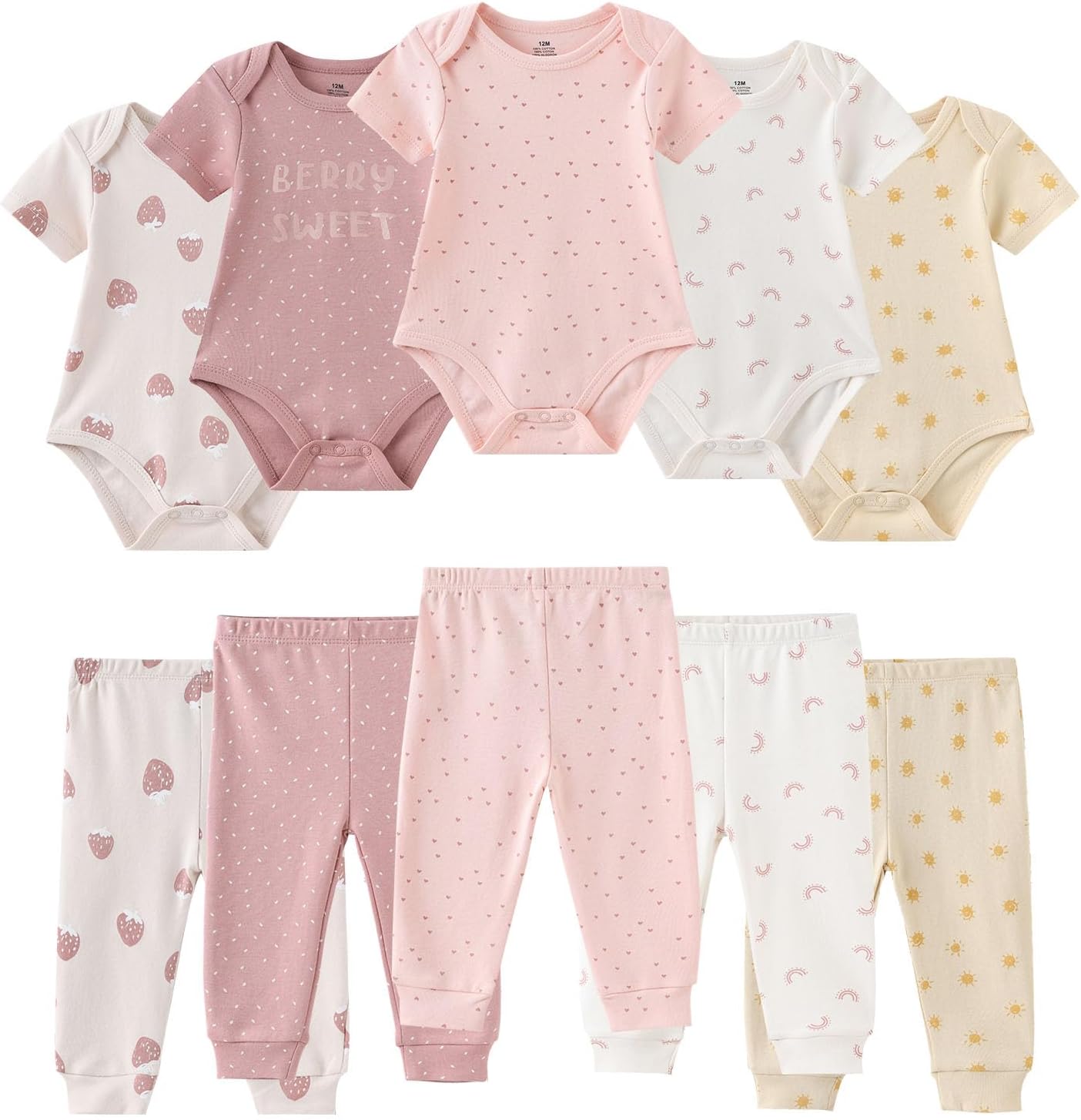 Ruliby Baby Bodysuit and Pant Set 10-pcs Cotton Soft Newborn Boy Girl Clothes Outfits