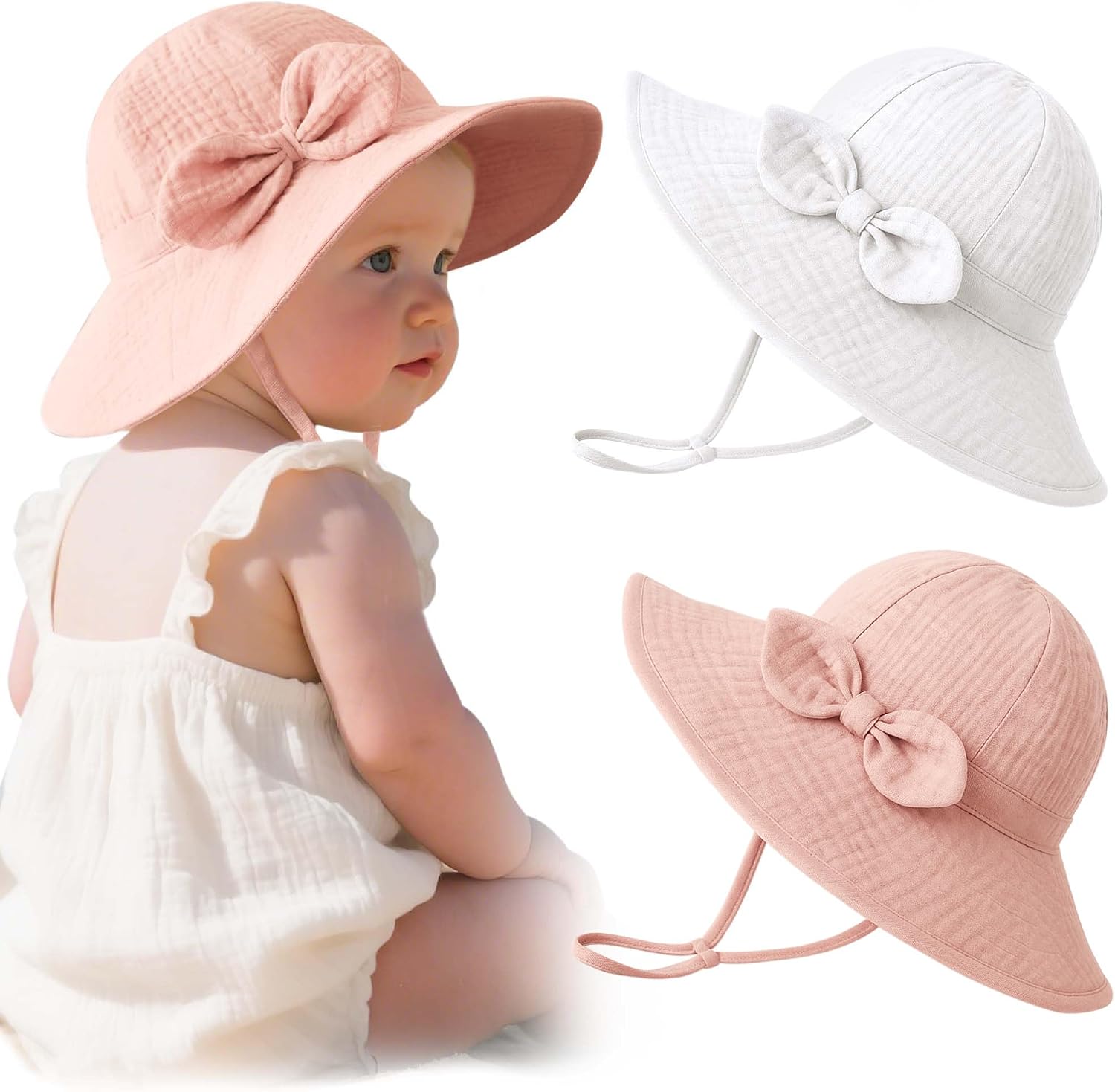 Konssy Muslin Baby Sun Hat 2-Pack, UPF 50+ Sun Protection Wide Brim Summer Beach Hat, Bucket Hat for Girls and Boys