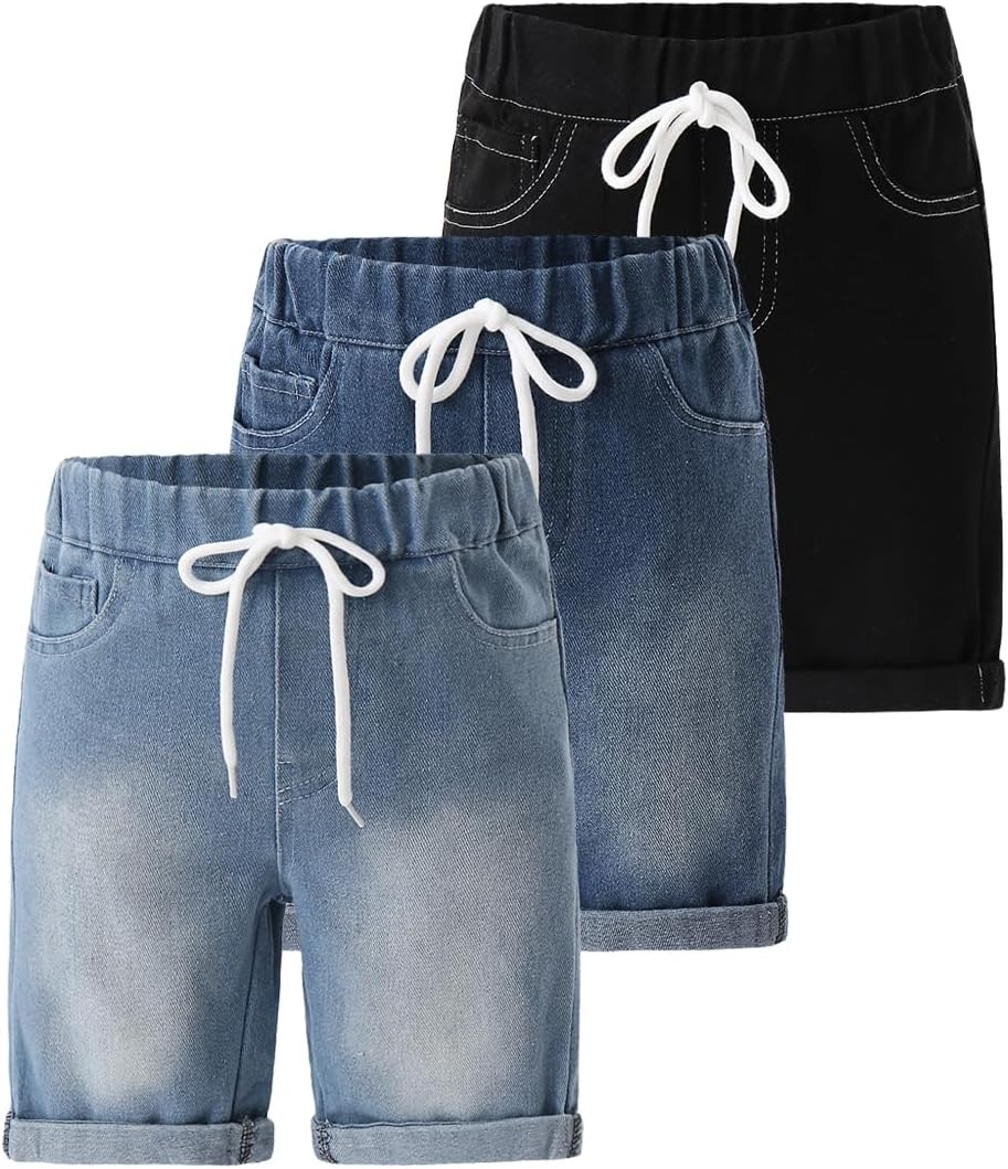 Boys Denim Shorts 3-Pack Pull On Elastic Waist Straight Leg with Pockets Loose Fit Casual Jean Shorts 3-14Y