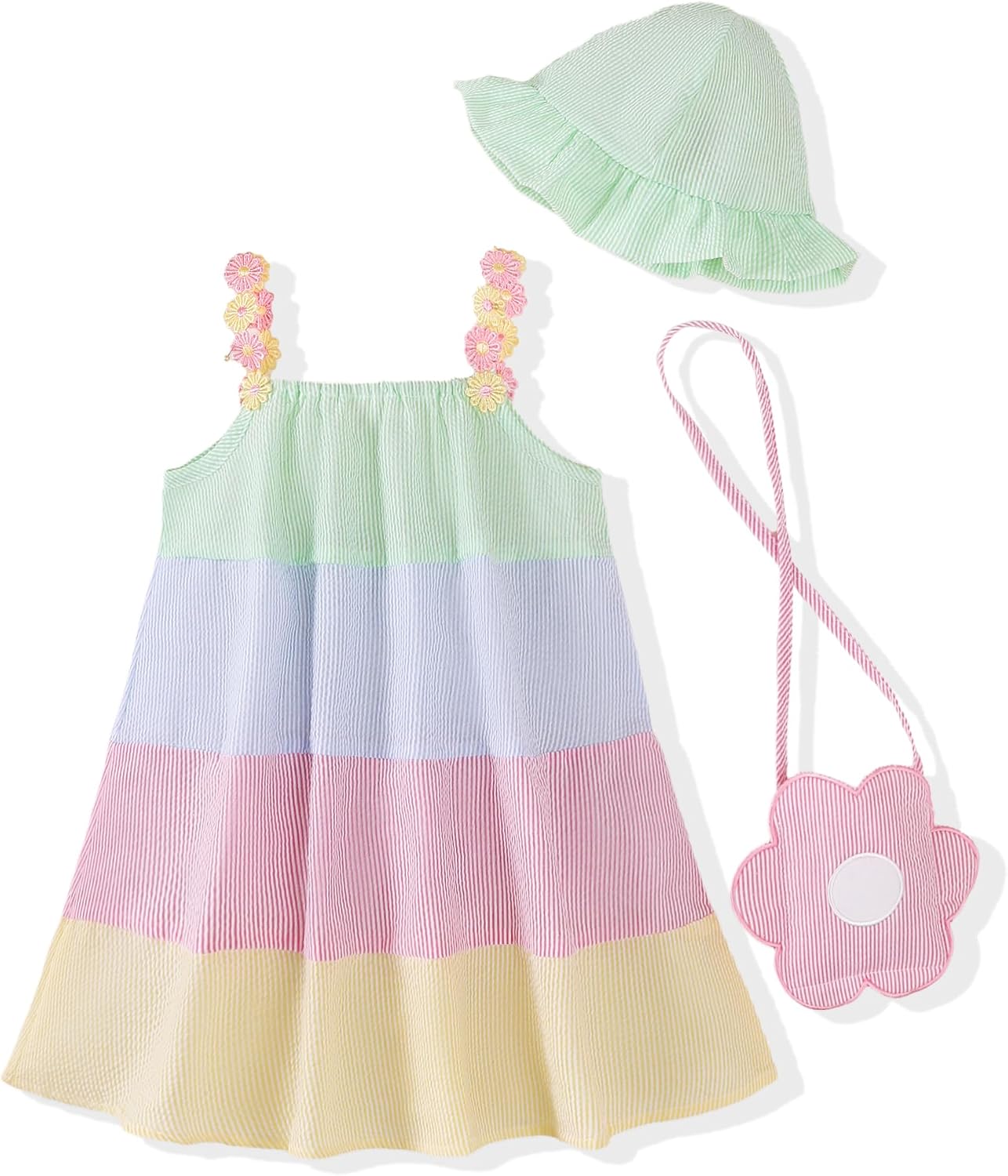 Toddler Girls Summer Dresses 3-Pieces Casual Sleeveless Sundress Girls’ Flower Strap Dress with Bag and Hat Outfits