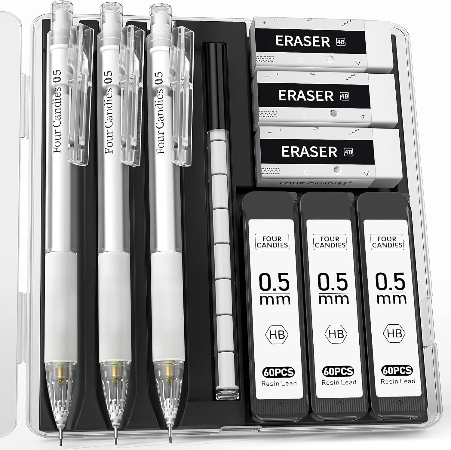 Four Candies Cute Mechanical Pencil Set with Case – 3PCS Pencils 0.5mm with 180PCS HB Lead Refills, 3PCS Erasers, 9PCS Eraser Refills, White Clear Mechanical Pencil for Students Drawing, Writing