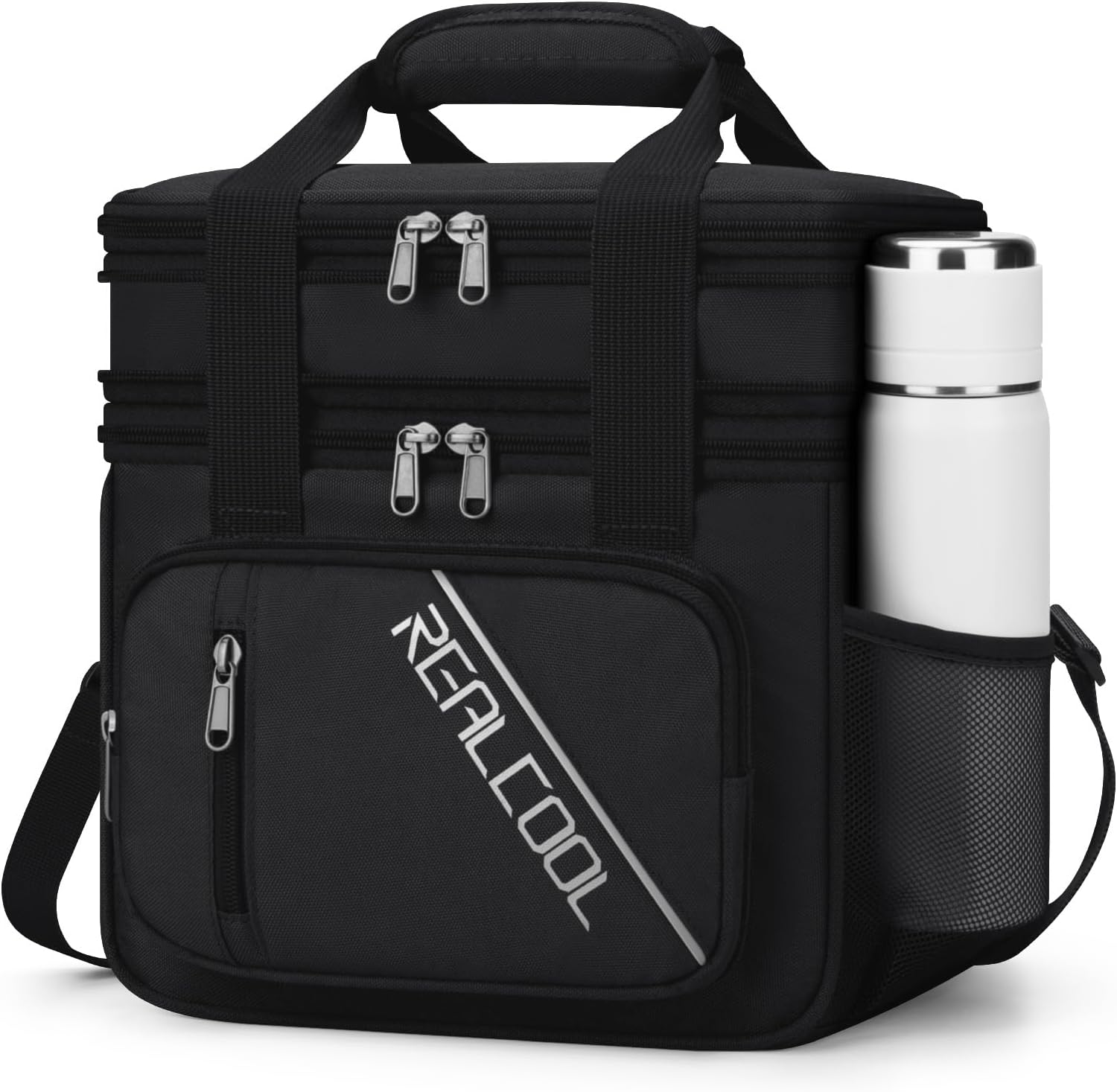 RealCool Lunch Bag, Insulated Lunch Box for Men Women, Double Deck Leakproof Soft Cooler Bag with Adjustable Strap, Reusable Lunchbox for Work, Travel, Camping (Black)