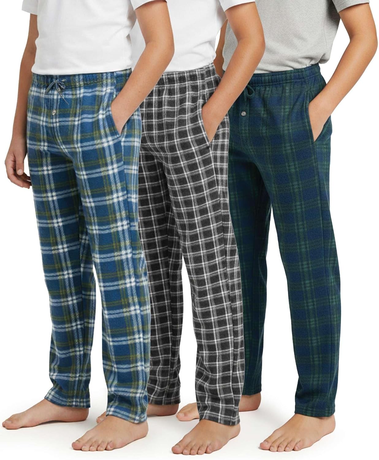 Real Essentials 3 Pack: Boys’ Fleece Pajama Pants Soft PJ Bottoms for Kids Youth Teens Sleepwear (Ages 5-18)