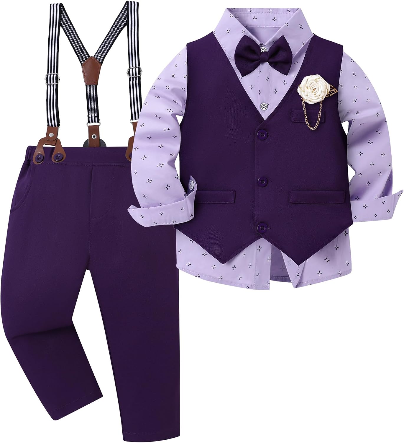 WESIDOM Toddler Boy Clothes Suit Formal Dress Shirt+Bowtie+Vest+Boutonniere+Suspender Pants Boys Gentleman Outfits Set