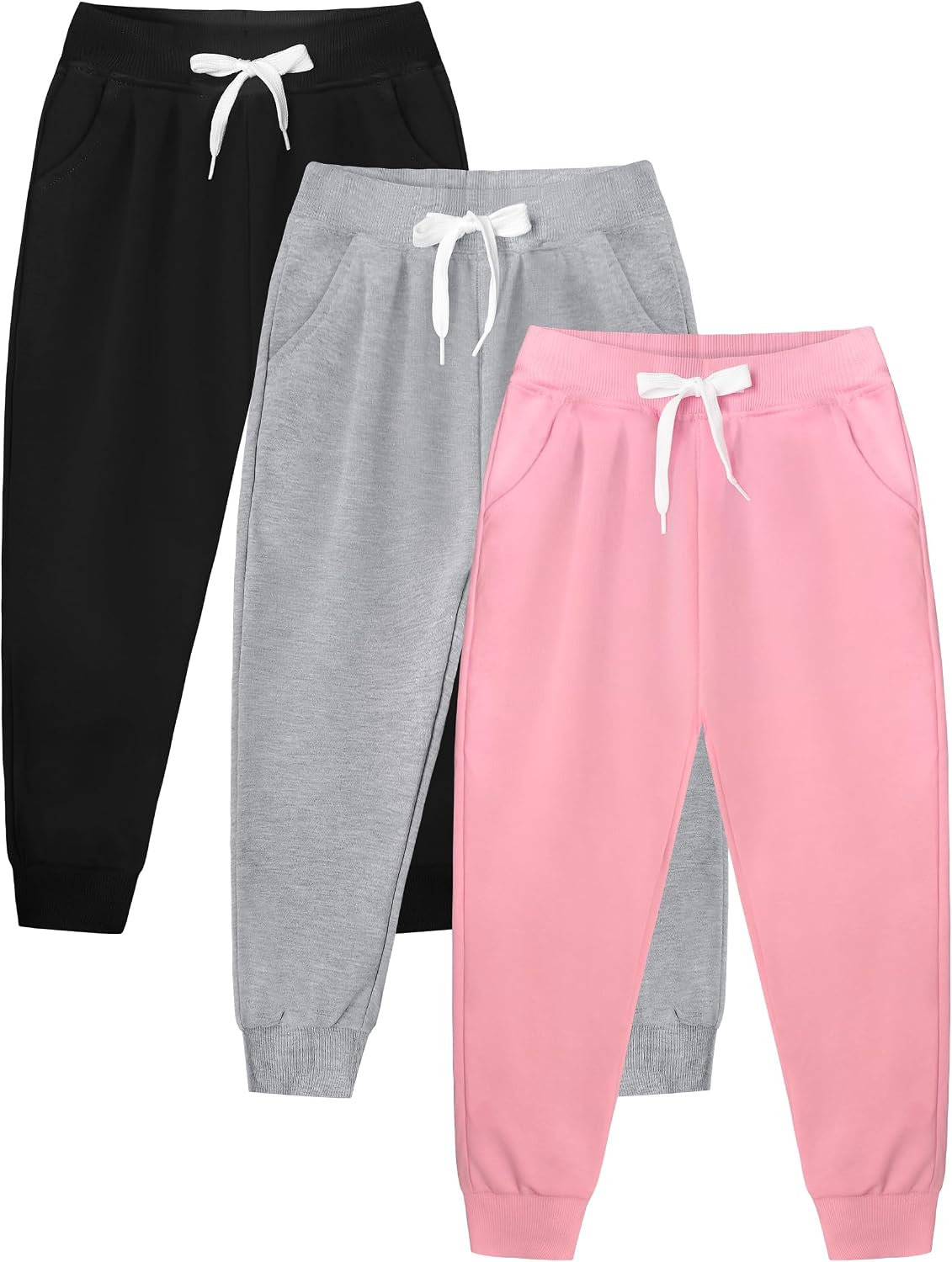 VOGRYE Girls’ Sweatpants 3-Pack Soft Joggers with Pockets, Elastic Waist Athletic Pants for Kids Toddler School Sports