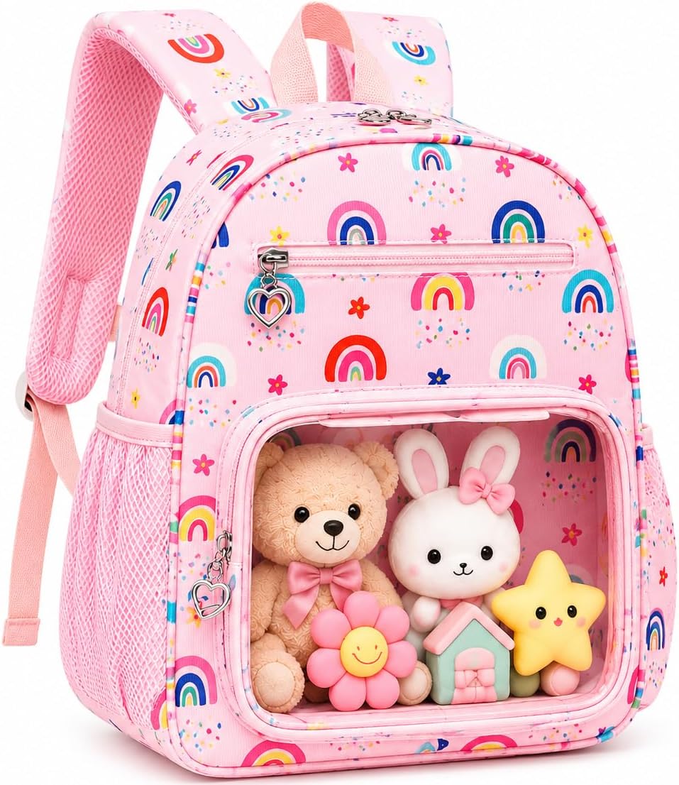 LEDAOU Toddler Backpack for Girls Boys 2-4, Cute 12″ Preschool Kindergarten Kids Backpack Small Diaper Bag with Clear Pocket (Clear Front Pocket-Pink Rainbow, Toddler-12 h(not Fit Folder))