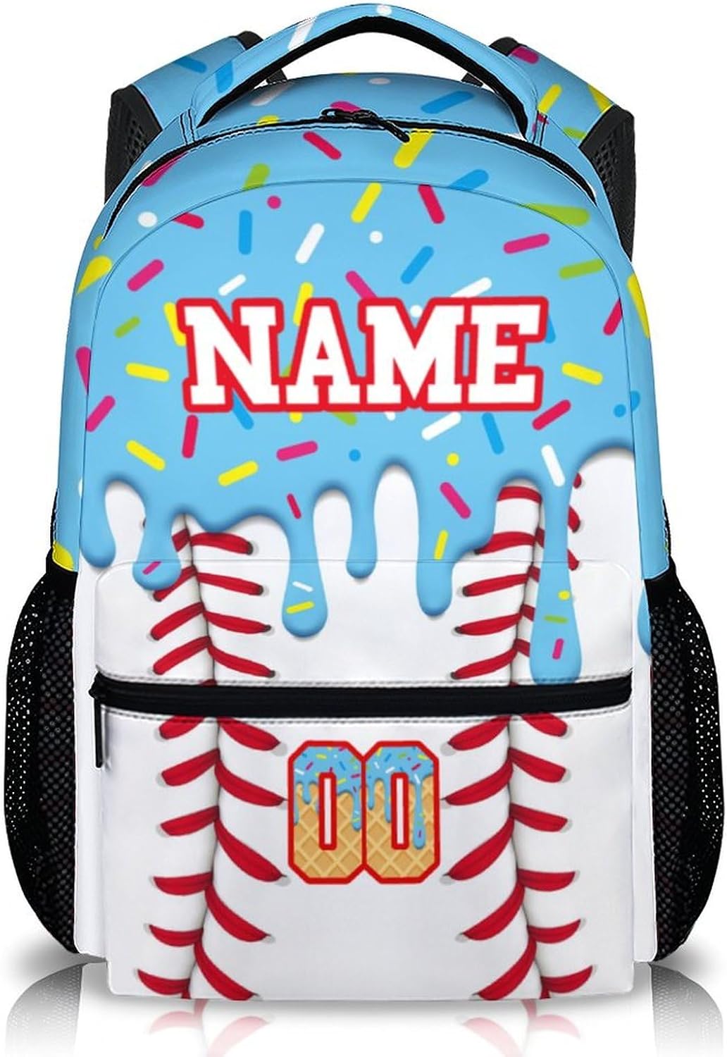 Personalized Baseball Drip School Backpack Kids Bookbag for Boys Girls, Blue Ice Cream Baseball Backpacks for Preschool Elementary Kindergarten Large Capacity Schoolbag for Travel School Camp