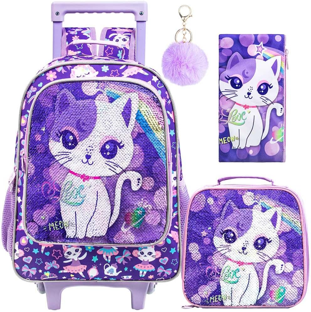 KLFVB Rolling Backpack for Girls Boys, Kids Roller Wheels School Bookbag with Lunch Bag, Wheeled School Bag for Children