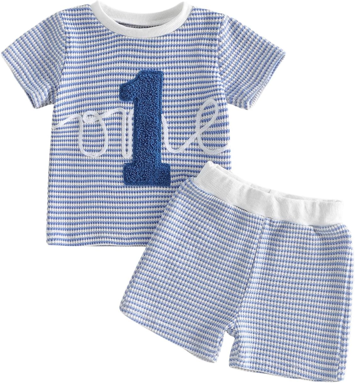 Baby Boy First Birthday Outfit One Embroidery Waffle Tops Short Sets 1st Birthday Outfit Summer Clothes 6 12 18 M