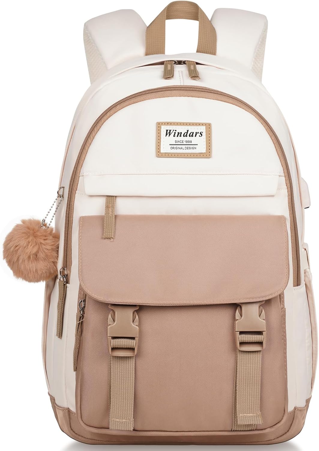 WINDARS School Backpack for Teen Girls, Cute College Backpacks for Women Students Aesthetic Bookbag Large 15.6 Inch Laptop Bag Middle School Travel Back Pack (Khaki Beige)