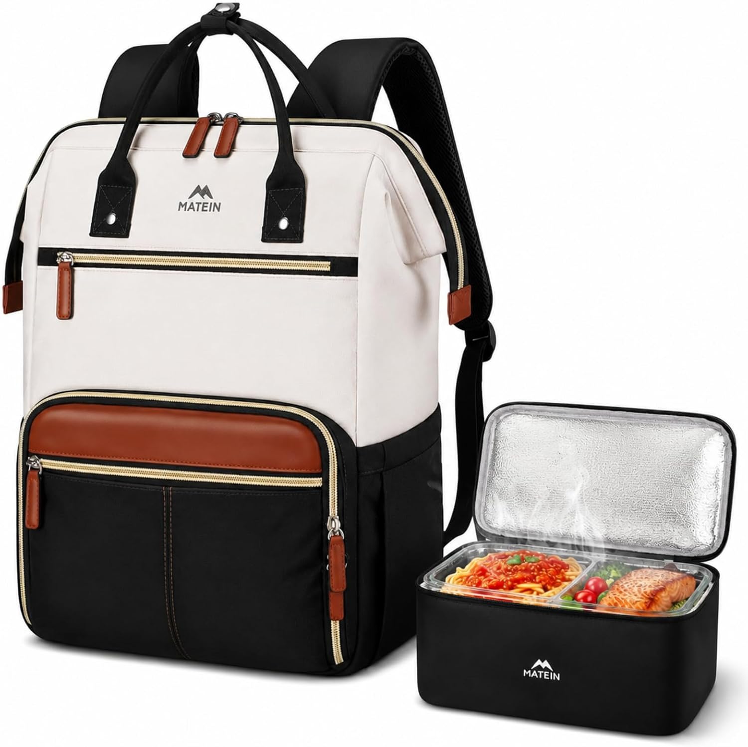 MATEIN Laptop Backpack with Lunch Box, 15.6 Inch Lunch Backpack for Women, College Computer Back Pack Work Backpacks with Insulated Lunchbox Meal Prep Bag for Teacher Nurse Commute Office, 2Pcs Set