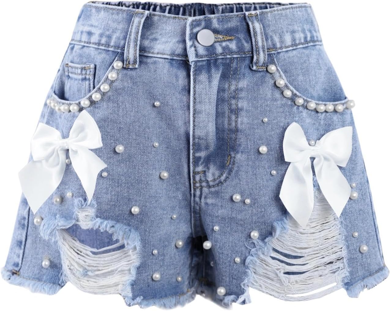 Girls Jean Shorts Pearl Bownot Ripped Distressed Cute Straight Leg Denim Shorts