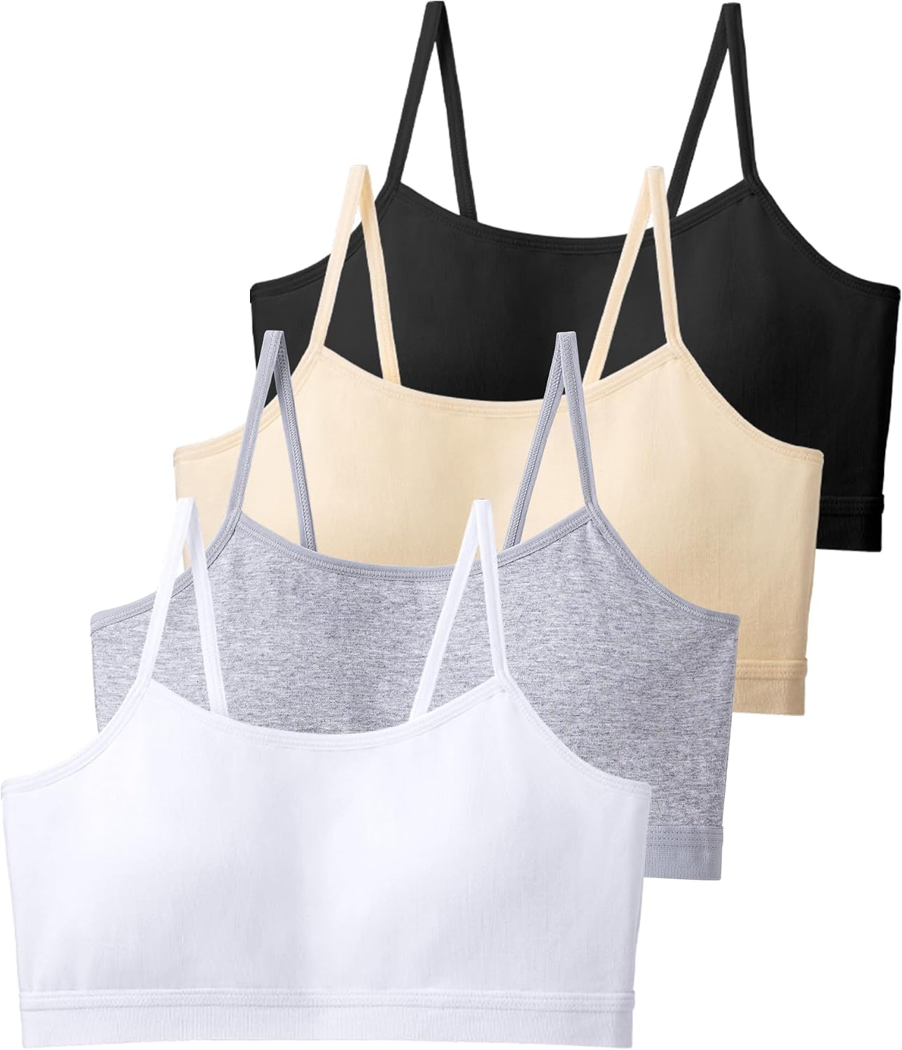 BOOPH Cotton Training Bras for Girls Teen Girl Sport Bra 10-16 with Fixed Pads Kids Cotton Cami Bras 4Pack