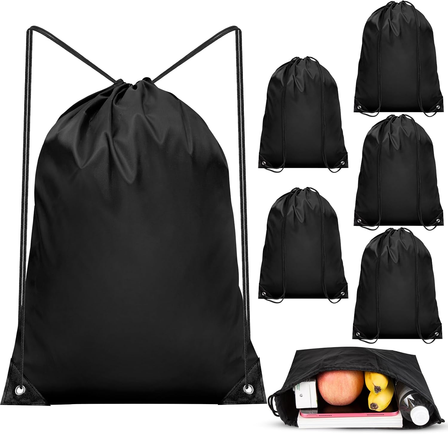 IKAYAS 6Pcs Drawstring Bags Bulk Black Drawstring Backpack, String Backpack Cinch Sack Sport Gym Backpack Bags for Yoga Traviling Outdoor Sports