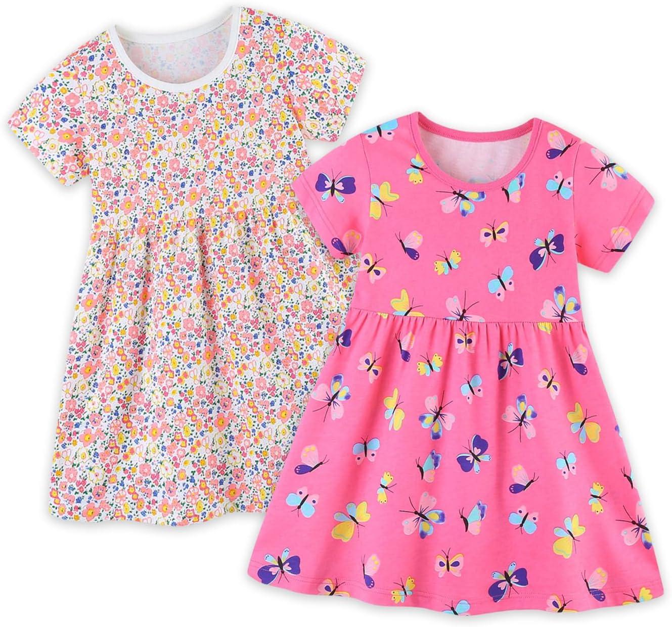 Girl’s Summer Dresses Cotton Short Sleeve and Sleeveless Dress for Kids Girls Casual Skater Playwear Dresses Set 2 Pack