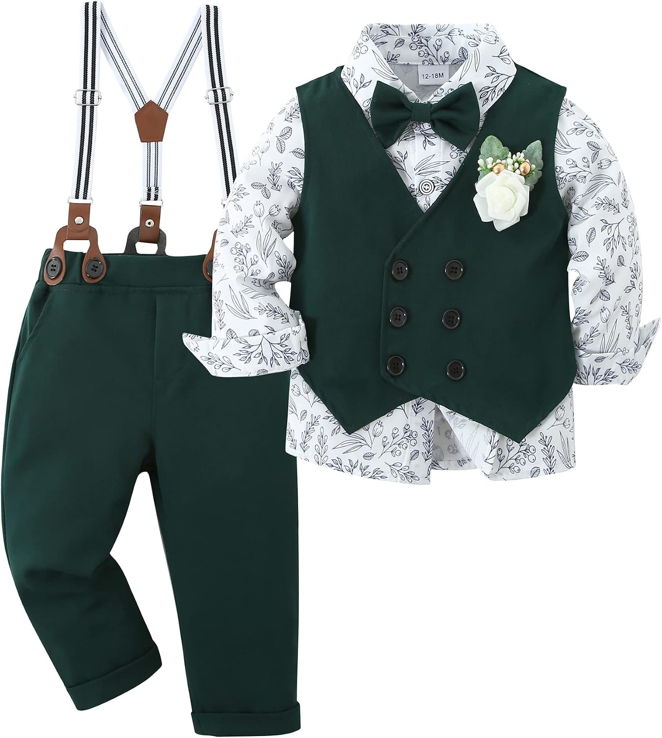 YALLET Toddler Baby Boy Clothes Suit Gentleman Wedding Outfits, Formal Dress Shirt+Bowtie+Vest+Boutonniere+Suspender Pants