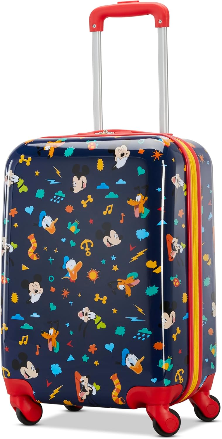 American Tourister Mickey Mouse Carry-On Luggage – Airline Approved, Durable Hardshell with Micky, Donald Duck, Pluto & Goofy – Roll Confidentially with Spinner Wheels & Colorful Adjustable Handle