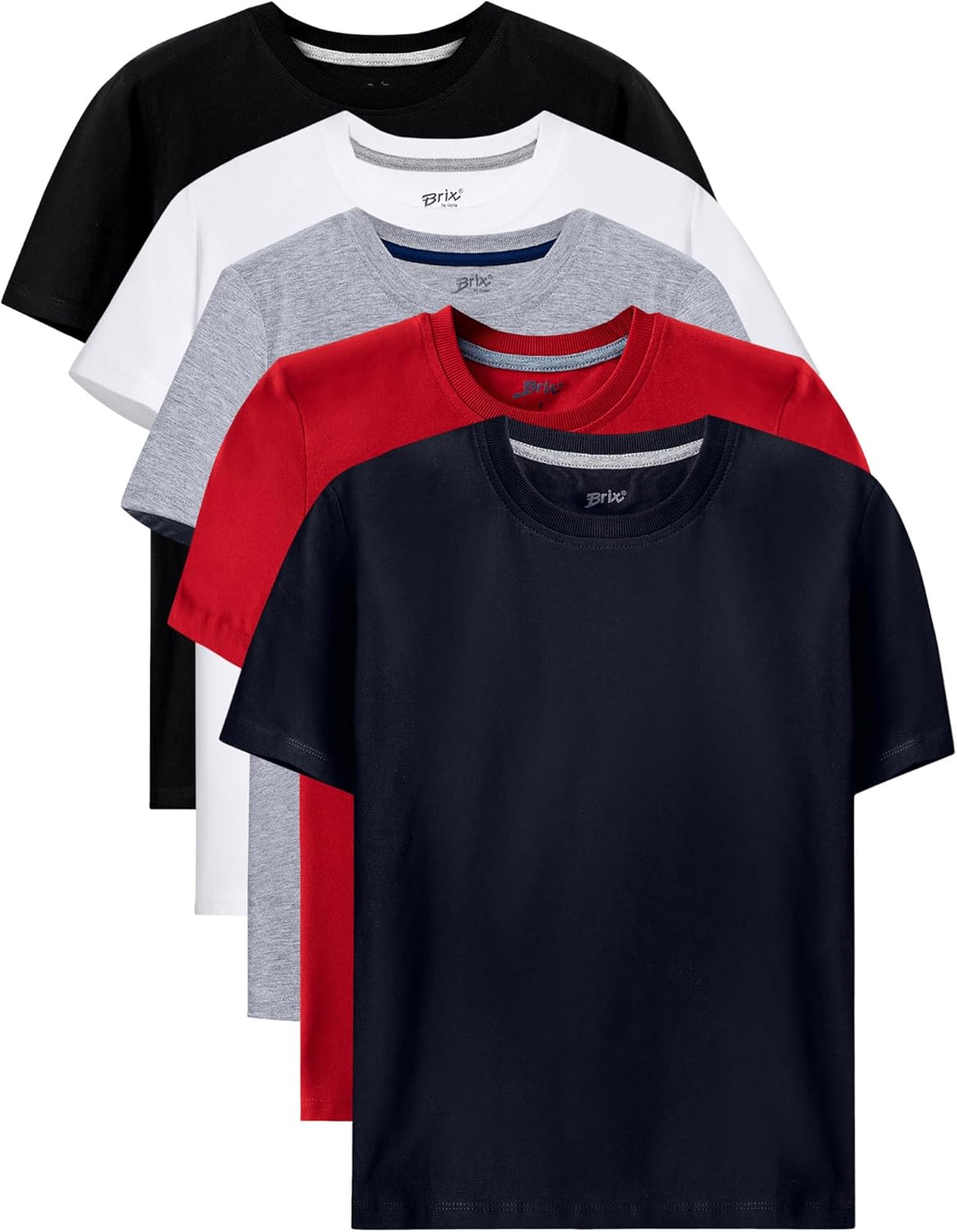 Brix Boys T-Shirts 5 Pack Short Sleeve Tees – 100% Cotton Kids Tagless Summer Tops.