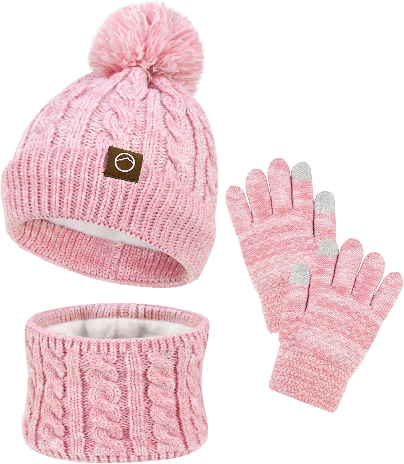 ZOORON Kids Winter Hat Gloves Scarf Set, Girls Boys Hats Beanie with Pom Children Knit Neck Warmer Mittens Fleece Lined Set
