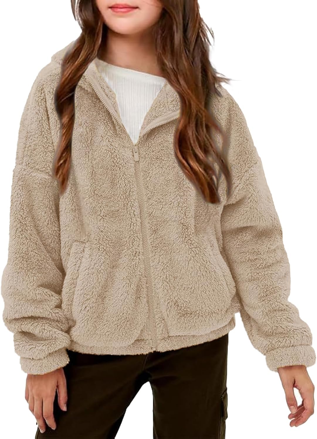 CharmWM Girls Fuzzy Outerwear Jacket Kids Soft Oversized Jackets Zip up Hoodie Warm Sweatshirt with Pockets 5-14 years