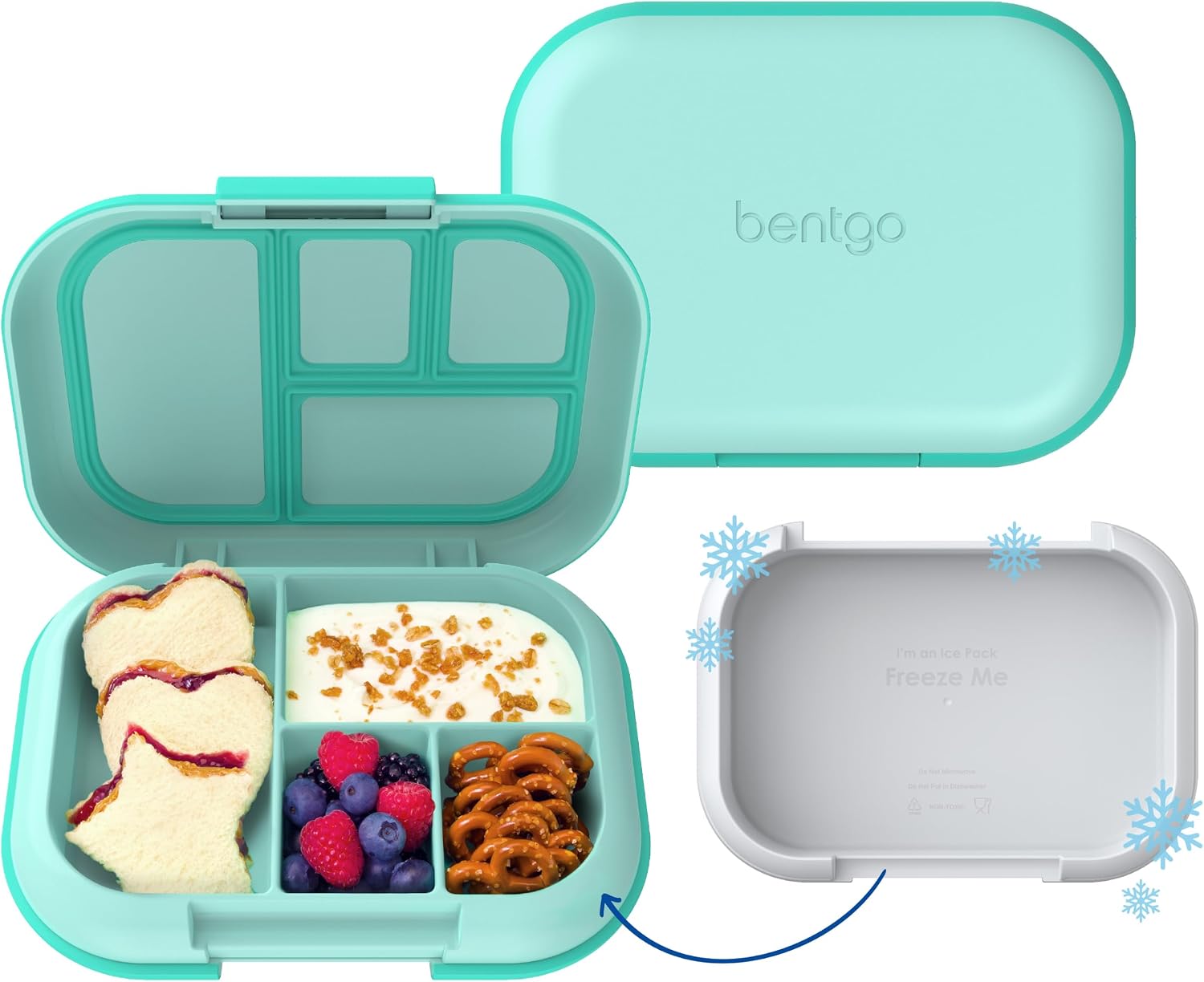 Bentgo Chill Kids Leakproof Lunch Box – 4-Compartment Bento Box with Built-In Ice Pack, 3.3 Cup Capacity, BPA-Free, Microwave & Dishwasher Safe Tray, Ages 3–7 (Aqua)