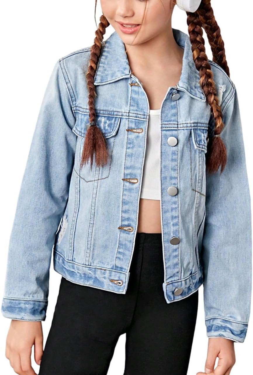WDIRARA Girl’s Ripped Flap Pocket Button Front Long Sleeve Collared Denim Jacket
