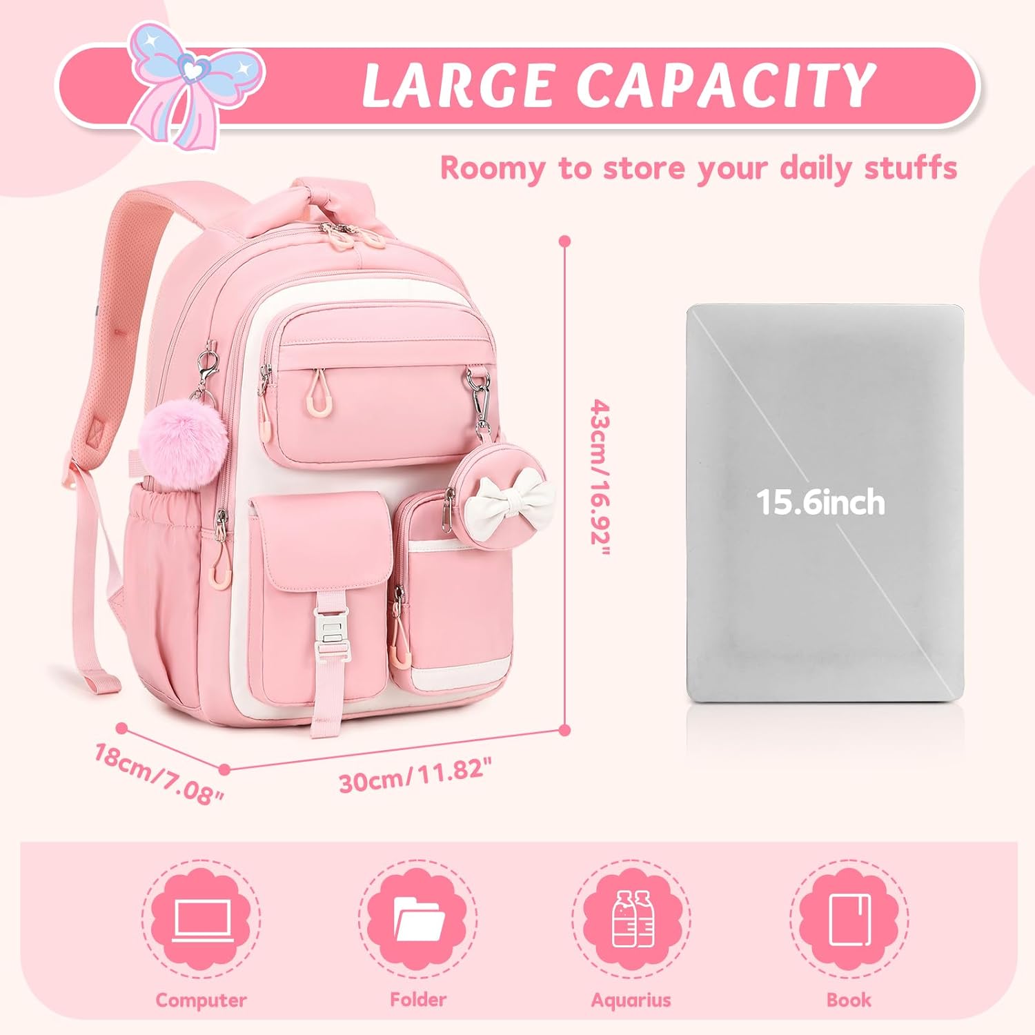 MUSEVOS Kids Backpack for Girls Aged 6-14, Kindergarten Elementary Middle School Backpack, Cute Bookbag Multi-Compartment, Water-resistant