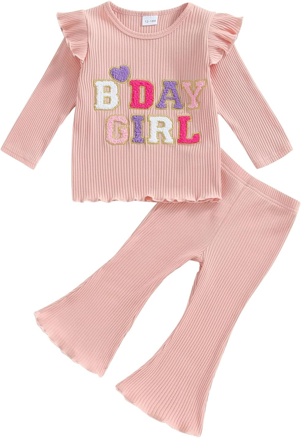 SAYOO Baby Birthday Girl Outfit Birthday Girl Print Ribbed Ruffle Sleeve Shirt Solid Flare Pant Leggings Fall 2pcs Clothes
