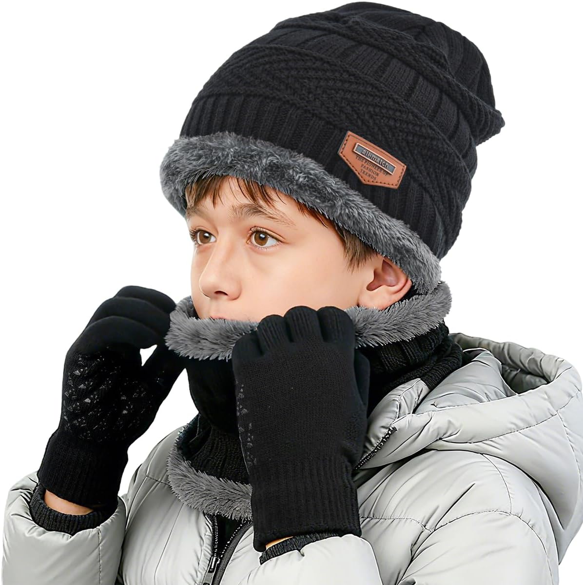 Kids Winter Hat Scarf&Touchscreen Gloves Set，Knitted Beanie with Fleece Lining, Neck Warmer for Boys Girls 4-15 Years