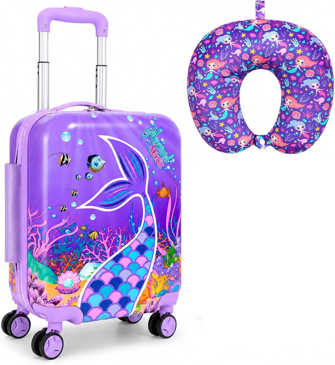 Dreamy Purple Mermaid Kids Luggage with Wheels: Airline-Approved Carry On 2PC Suitcase Set for Girls with 360° Spinner Rolling Wheels, Includes Neck Pillow