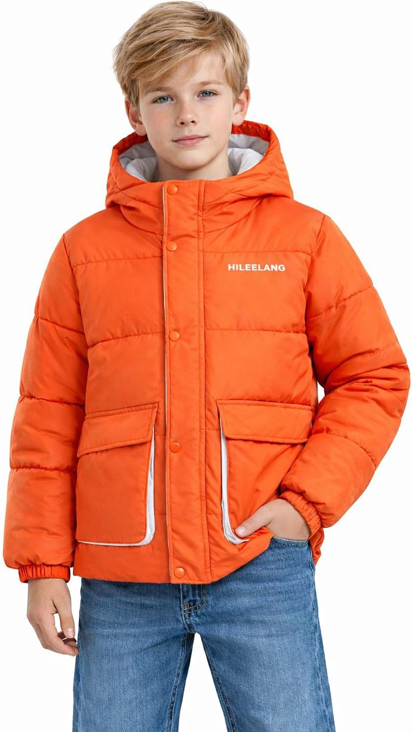 HILEELANG Kids Big Boys Winter Puffer Jacket with Hood, Warm Padded Water-Resistant Coat 6-13 Years