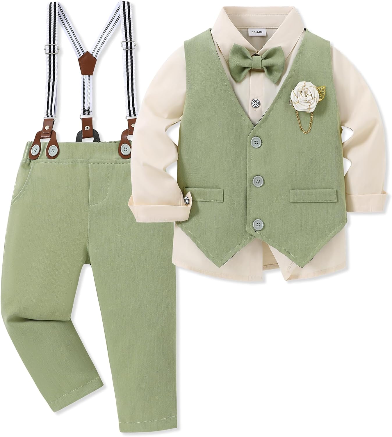 WESIDOM Toddler Boy Clothes Suit Formal Dress Shirt+Bowtie+Vest+Boutonniere+Suspender Pants Boys Gentleman Outfits Set