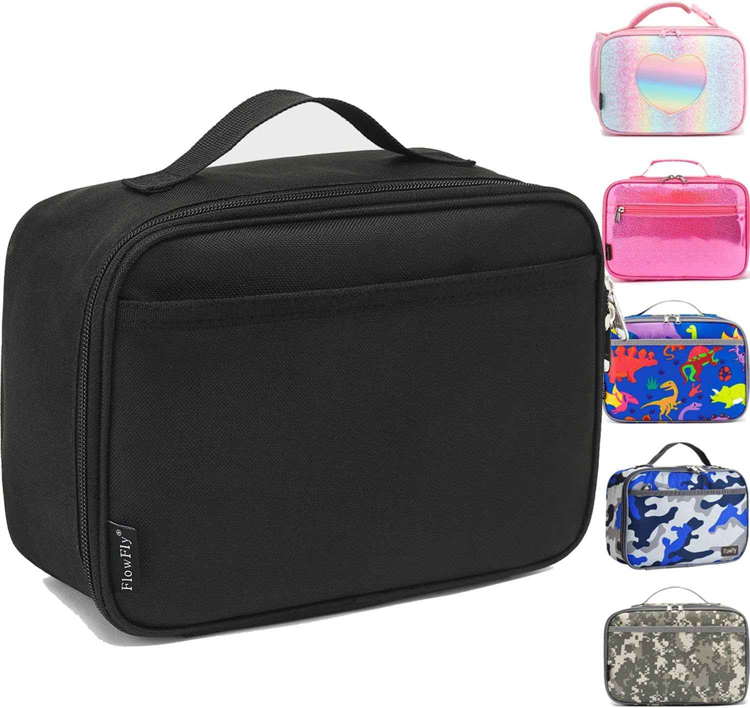 FlowFly Kids Lunch box Insulated Soft Bag Mini Cooler Back to School Thermal Meal Tote Kit for Girls, Boys, Black
