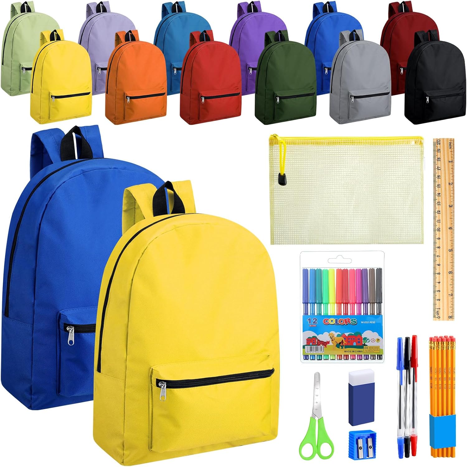 Silkfly 12 Pcs 17″ Backpacks with 144 Pcs School Supplies Kits Includes Markers Scissors Rulers Sharpeners Ballpoint Pens Erasers Pencil Cases Pencils for Elementary Middle High School