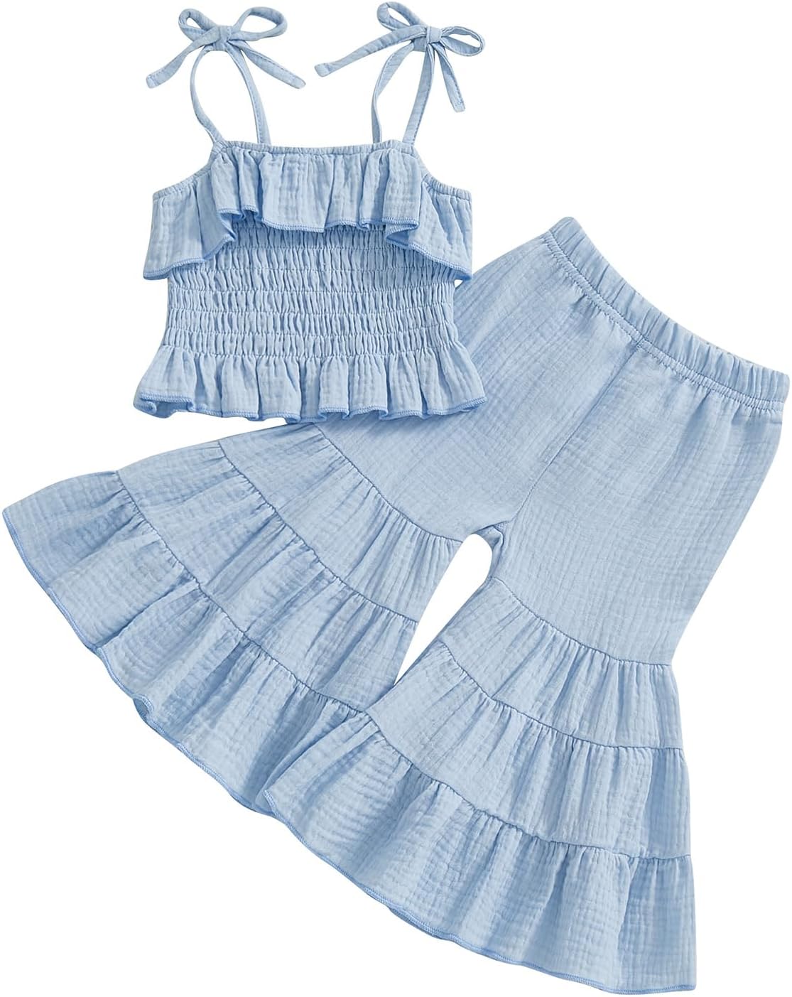 Kavousa Toddler Baby Girl Smocked Outfit Ruffle Halter Shirt Flared Pants Set Toddler Bell Bottom Outfit Summer Clothes