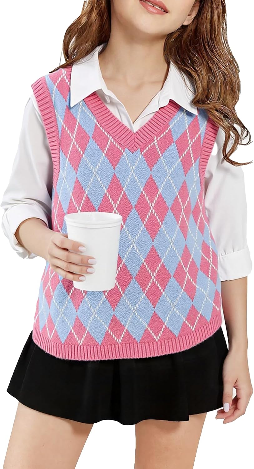 SELINK Boys Girls School Uniform Sweater Vest V Neck Soft Comfy Pullover Trendy Argyle Knitted Waistcoat Vest