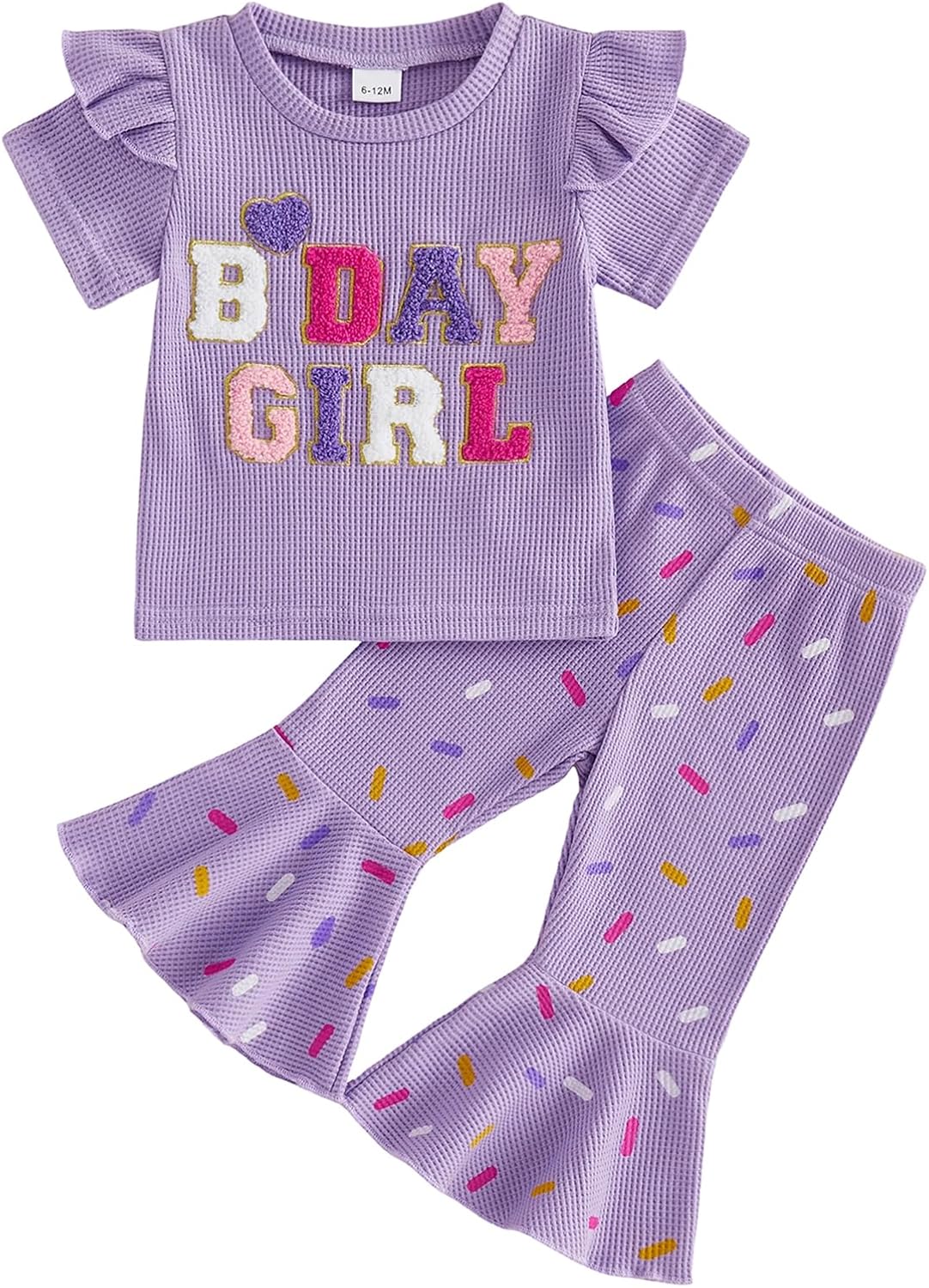 Kayotuas Toddler Baby Girl Birthday Outfit Ruffle Ribbed Knit Short Sleeve T-Shirts Tops Flare Pants Cute 2 Piece Clothes Set