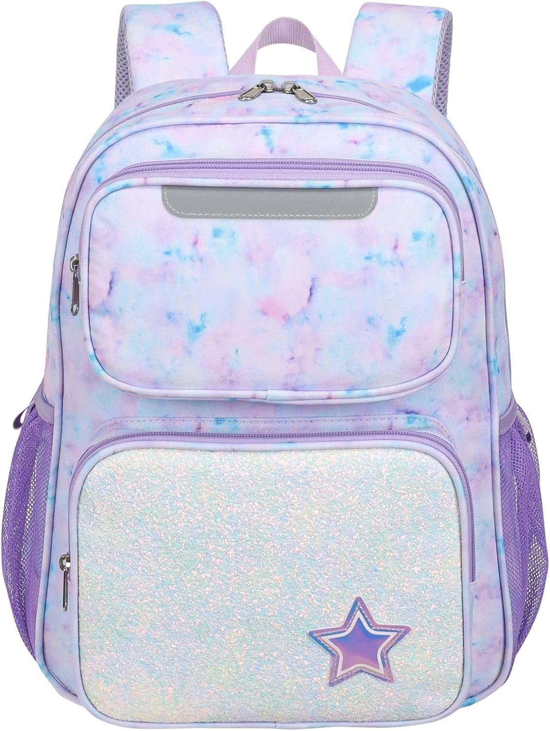Kids Backpack for Girls Kindergarten – 15 Inch Lightweight School Bookbag fits Folder, Backpack for Kids 4-7 with Leakproof Insulated Pocket for Lunch and Snacks, Purple Tie-dye