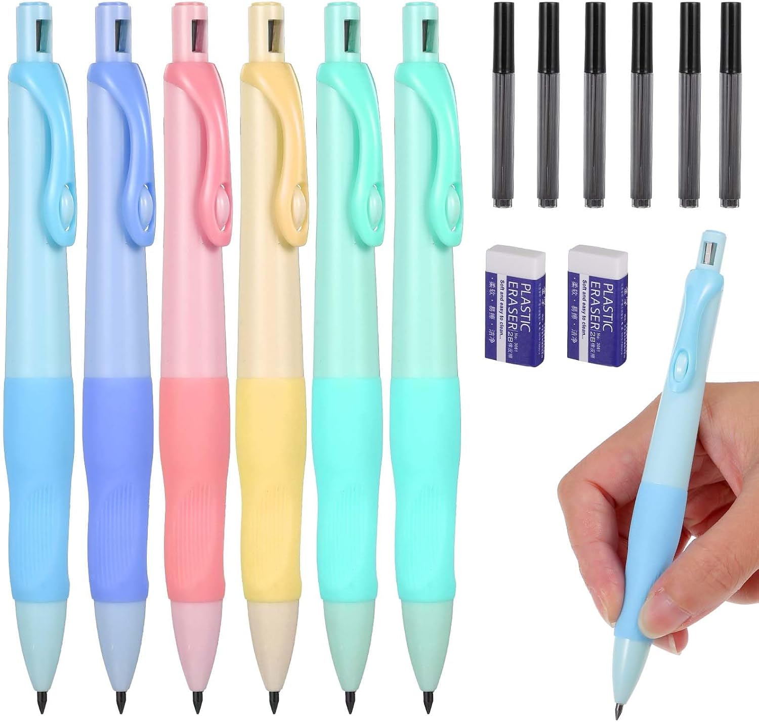 Mechanical Pencils Thick Pencils with Comfort Ergonomic Grip, Aesthetic Supplies with 6 Leads Refills, 2 pcs Erasers – 6PCS Colorful 2.0MM Pencil for Writing & Drawing
