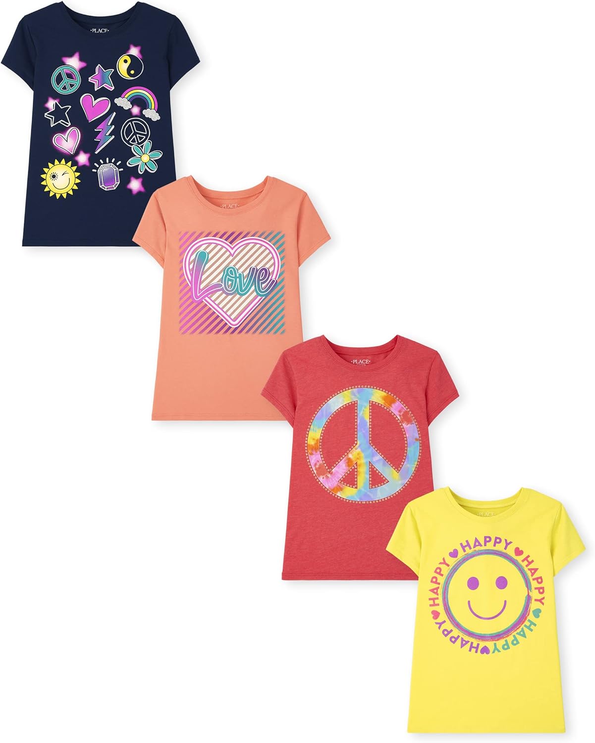 The Children’s Place Girls’ Trends,Icons Short Sleeve Graphic T-Shirts,4 Pack