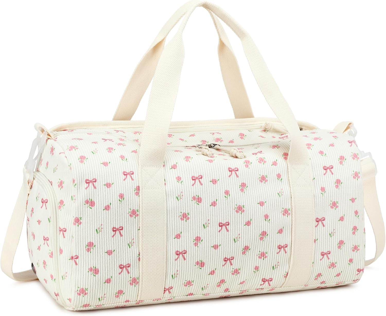 BTOOP Duffle Bag for Girls, Kids and Teens, Cute Dance and Gym Bag with Shoe Compartment, Wet Pocket and Trolley Sleeve, 23L Water-Resistant Pink Bow Floral Design for Sports and Overnight Travel