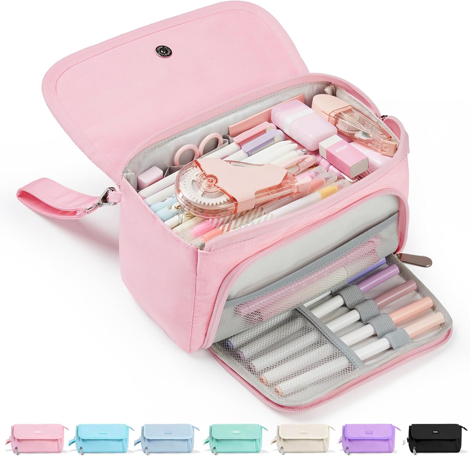 Sooez Super Large Pencil Case, Big Capacity Pencil Bag with 3 Compartments, Hold 200 pencils, Cute Pencil Pouch with Zipper, Portable Stationery Pen Bag, Aesthetic School Supplies For Girls, Pink