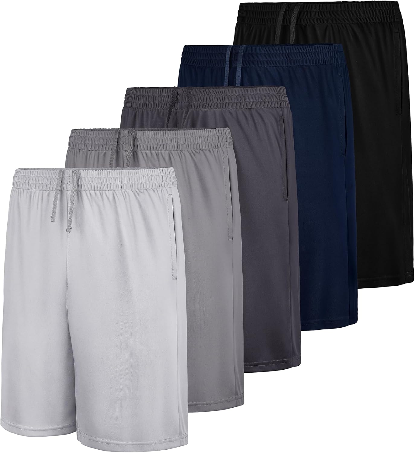 QWE 5 Pack Boys Athletic Shorts, Youth Basketball Soccer Quick Dry Shorts with Pockets for Kids Outdoor Running Gym