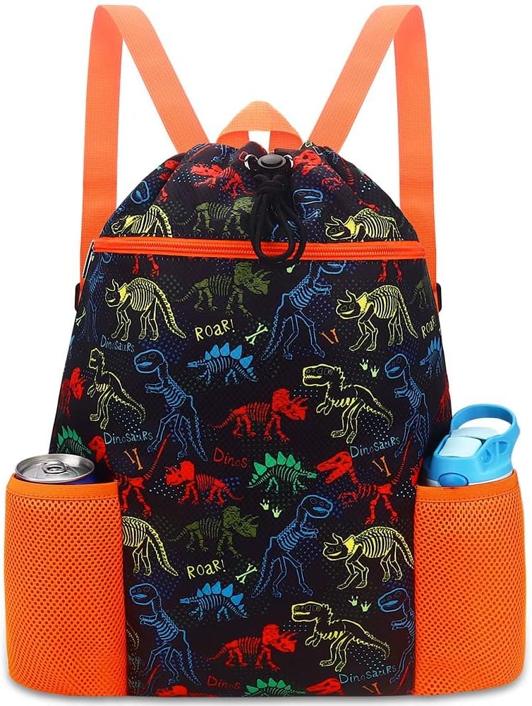 RHCPFOVR Dinosaur Drawstring Backpack for Kids – Drawstring Bags for Girls Swim Bag for Beach Swimming Pool Lightweight Draw String Bags Waterproof Sports Gym Bag With Two Water Bottle Holder