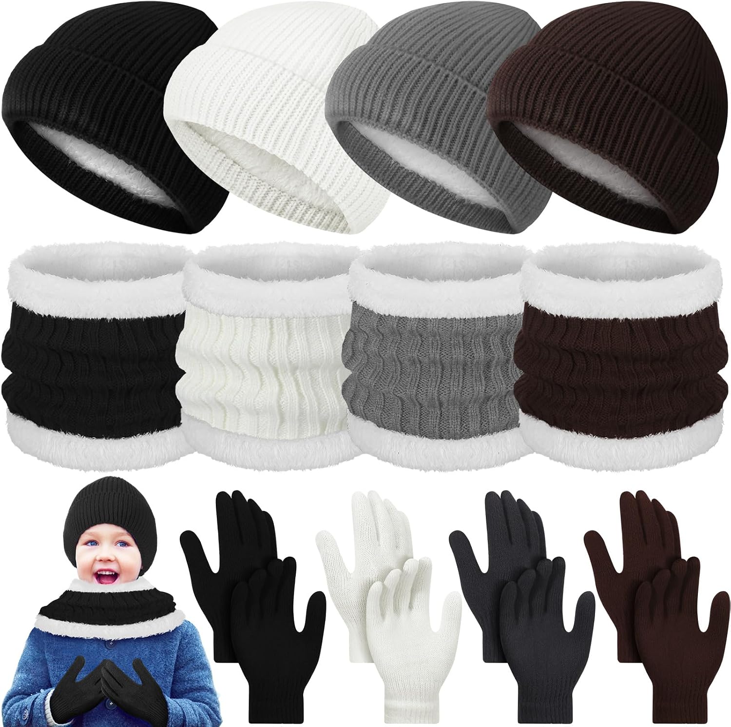 Geyoga 12 Pcs Kids Knitted Winter Hat Gloves Scarf Set for 5-8 Boys Girls Toddler Beanies Mittens Neck Warmer Scarf